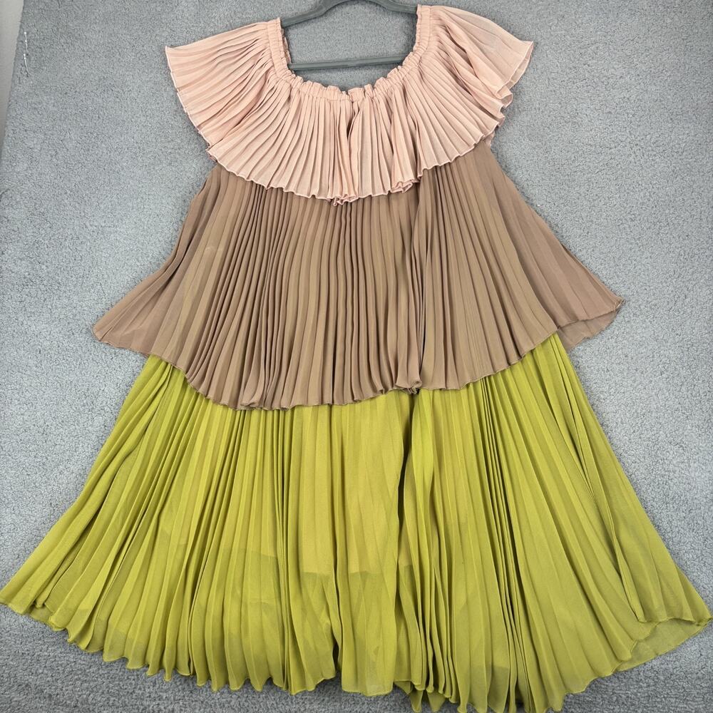 Delfi Collective Paige Dress Large Boho Off Shoulder Colorblock Pleat Retro USA - Picture 9 of 11